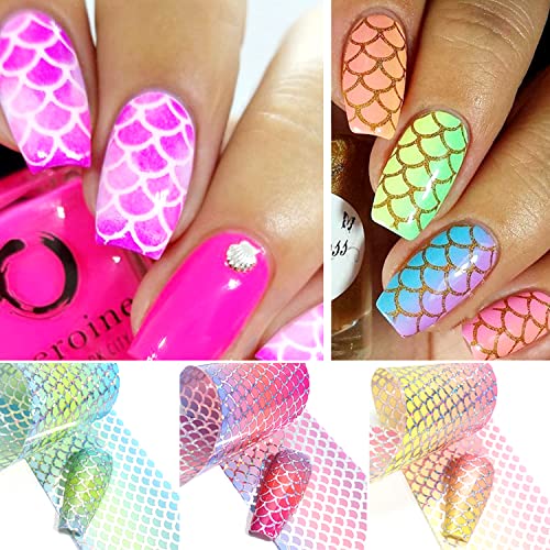 Fish Scales Nail Art Foils Transfer Stickers Colorful Holographic Laser Nail Foil Sticker Decals Mermaid Line Designs Nail Supplies for Women Manicure Tips Decorations Nail Art Film 10Sheets - style: Fish Scasel