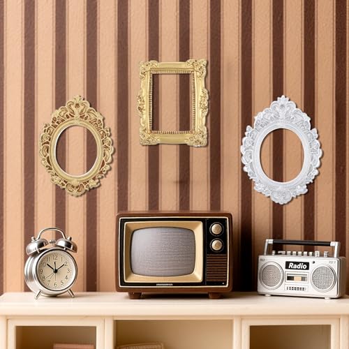 5 Pcs Miniature Picture Frames Vintage Dollhouse Photo Frames with Carved Golden Edges for Wall Hanging Desktop Display Jewelry Showcase Miniature Props for Dollhouse Model Train Garden - color: Gold & Silver