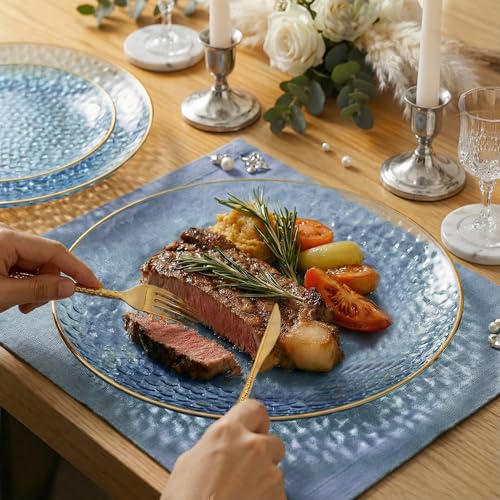 I00000 150Pcs Clear Blue Plastic Plates with Gold Rim,Blue Disposable Plates,Clear Hammer Patterned Disposable plates Set include 30 Dinner Plate,30 Dessert Plate,90 plastic Silverware Set for Party - color: Clear Blue