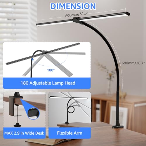 ShineTech LED Desk Lamp for Home Office, 5000K Bright Double Head Architect Task Lamps with Clamp, Dimmable Adjustable Flexible, Black - color: 5000K- Daylight White