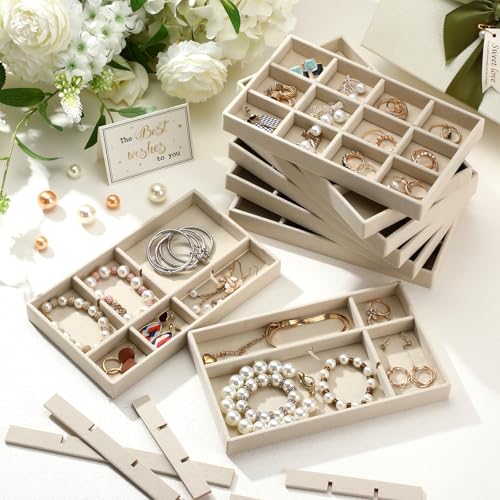 Highergo 8 Pcs Velvet Jewelry Trays Stackable Drawers Organizer Ring Earring Bracelet Necklace Storage Trays, 8.3x4.7x1''(12 Grids) - style: 12 Grids