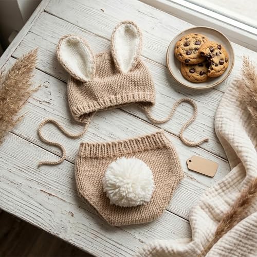 ForBaysy Newborn Photography Props Boy Girl Crochet Bunny Costume Set Baby Photo Shoot Outfits with Rabbit Ear Hat - color: Latte Bunny Set