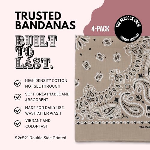 The Peacock Crew Premium Soft Cotton Bandanas Pack for Men and Women Paisley 22 x 22 inches - color: Pack of 4 Taupe
