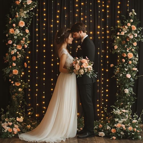 Black Tulle Backdrop Curtain with Lights - 10x10ft Sheer Backdrop with 300 LEDs for Wedding, Baby Shower, Bridal Shower, Birthday Party Photo Shoot Background and Home Decorations - color: Black, size: 10 x 10 Feet