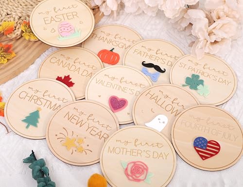 My First Holiday Milestone Sign - Wood Holiday Milestone Photo Props, Newborn Baby Photography Discs, 11 Pcs Wooden Disc Sign, Baby Shower Party Gift
