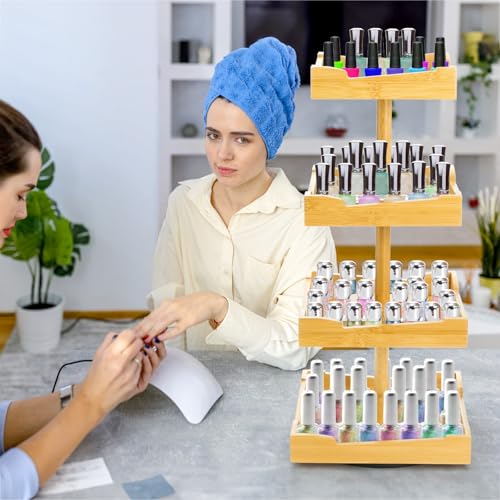 ZAVOOS Nail Polish Organizer, 4 Tier Bamboo Stand Essential Oil Display Rack for 120-212 Bottles, 360° Rotating Large Capacity Cosmetics Storage Shelf Holder for Home Spa, Business Salon