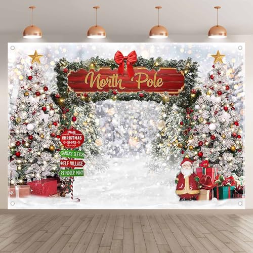 Fabric 8x6ft Merry Christmas Winter Bokeh Photography Backdrop North Pole Forest Snow Xmas Tree Background Santa Party Decoration Holiday Photo Banner Props - size: 8'x6'