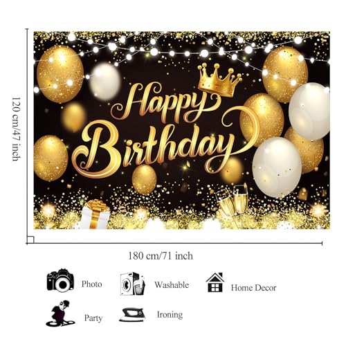 180x120 cm Black Gold Happy Birthday Party Backdrops Cloth 71x47 in. Glitter Black Gold Happy Birthday Photography Backgrounds Banners Black Gold Happy Birthday Sign Decorations for Men Women - color: Black