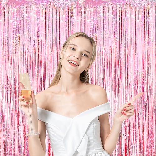 Voircoloria 3 Pack 3.3x8.2 Feet Laser Pink Foil Fringe Backdrop Curtains, Tinsel Streamers Birthday Party Decorations, Fringe Backdrop for Graduation, Baby Shower, Gender Reveal, Disco Party - color: 02 Laser Pink