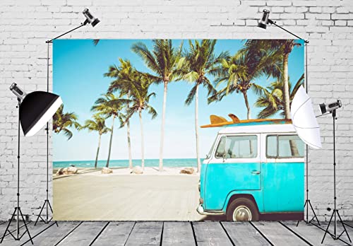 BELECO 10x8ft Fabric Tropical Beach Backdrop Vintage Car in Beach with Surfboard Surfing Backdrop Summer Hawaii Surf Photography Backdrop for Luau Party Decoration Birthday Photoshoot Photo Props - size: 10x8FT