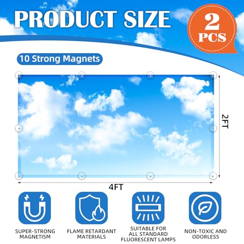 ANGSYLTH 2 Pcs Fluorescent Light Covers - 4 x 2 Feet Covers for Ceiling Lights, Magnetic Light Filters for Classroom, Office, Hospitals, Home (Blue Skies & White Clouds) - color: Blue Skies & White Clouds