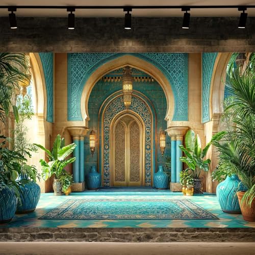5X3ft DYNH Arabian Moroccan Nights Party Backdrop, Morocco Palace Arch Architecture Middle Eastern Teal Luxurious Backdrop for Moroccan Wedding Birthday Party Background Decorations Photo Studio Props - color: Turquoise3, size: 5 x 3 ft