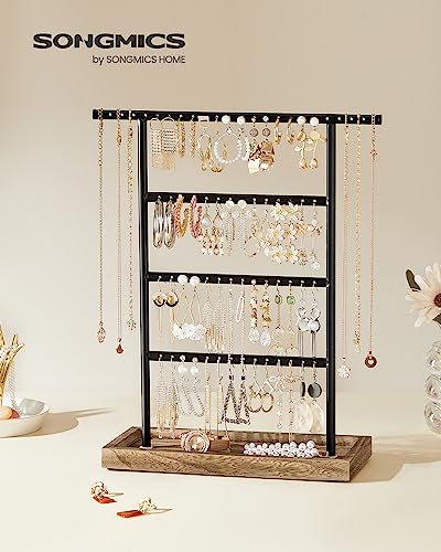 SONGMICS Jewelry Organizer, 4-Tier Earring Holder Organizer Stand with Base Tray, for Studs and Necklaces, Vintage, Wood Color and Black UJJS019B01 - color: Wood Color + Black, size: 1 Pack