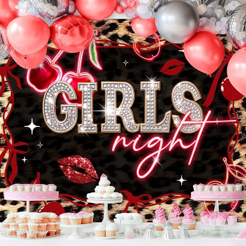 Girls Night Red Cherry Backdrop 8Wx6H Feet Fabric Polyester Leopard Print Bow Lips Birthday Vintage Cheetah Fashion Cute Glitter Woman Girly Photography Background Banner Photo Shoot Decor Prop - color: A-01leopard cherry red, size: 8Wx6H