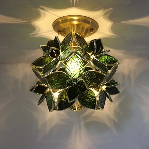 Bieye L11040 Flower Petals Tiffany Style Stained Glass Close to Ceiling Light for Home Decor (Textured Deep Green, 8" Rose Lily) - color: Textured Deep Green, size: 8" Rose Lily