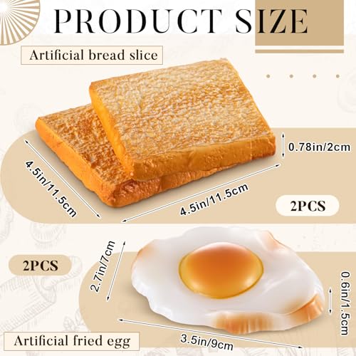 Soulchen 4 Pcs Fake Prop Food with Fake Bread and Fried Egg Realistic Artificial Simulation Toast Faux Egg Model for Home Kitchen Cabinet Shops Display Photography Sample Prank Prop