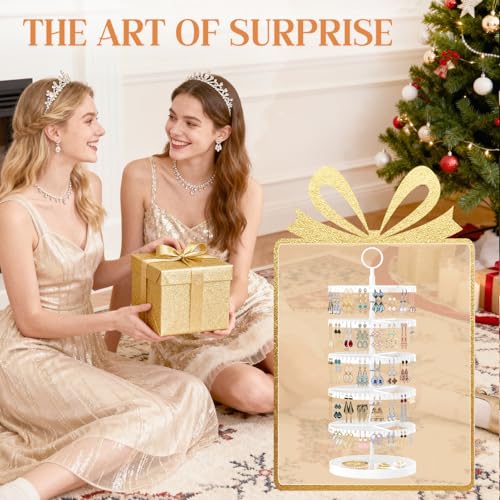 iDavosic.ly 5 Tier Rotating Earring Holder Organizer with Metal Tray, Adjustable Plastic Dangle Display Stands Tree with 285 Grooves, Large Hoop Storage Rack Tower, White - color: White, size: 5 Tiers
