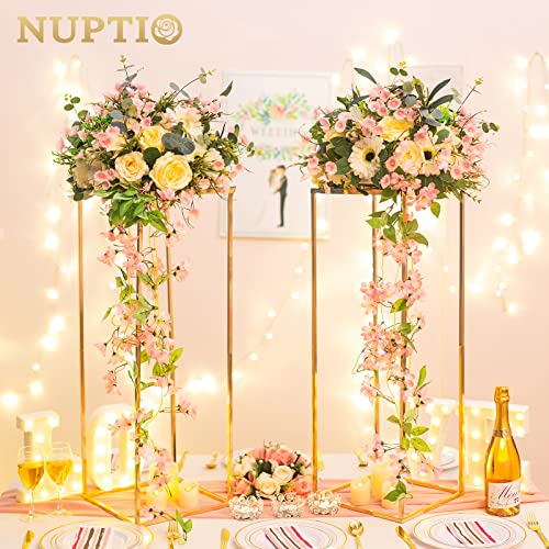 Nuptio Gold Vases for Centerpieces Wedding - 2 Pcs 31.5 inch Tall Metal Flower Vase Flowers Stand for Party Tables Decorations - Elegant Bulk Weddings Decoration Table Geometric Centerpiece Stand - color: Gold, size: 31.5 inch - 2 PCS