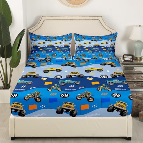 Motorcycle Kids Fitted Sheet Twin Size,Cartoon Racing Cars Truck Off-Road Vehicle Toddler Bedding Set,Boys Men Room Decor,Race Flag Sport Game Wave Blue Bed Cover,1 Pillowcase(No Flat Sheet) - color: Blue, size: TWIN (W39*L75*H16")