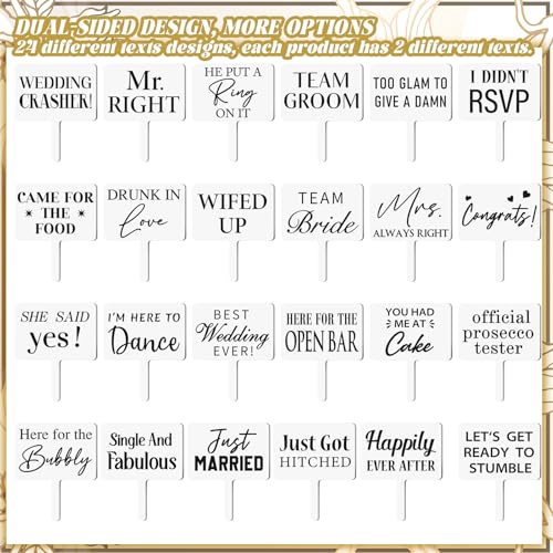 Beeveer 24 Designs Wedding Party Decorations Photo Booth Props Double Sided 13.4 x 5.5 Inch White Bridal Shower Photo Booth Props PVC Printing for Weddings Marriage Engagement Party Supplies