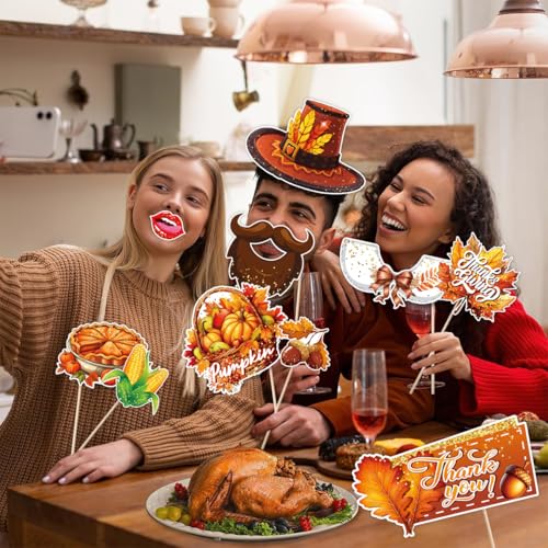 30 Pcs Thanksgiving Photo Booth Props Set, White Cardboard Frame with Bamboo Sticks, Party Decoration