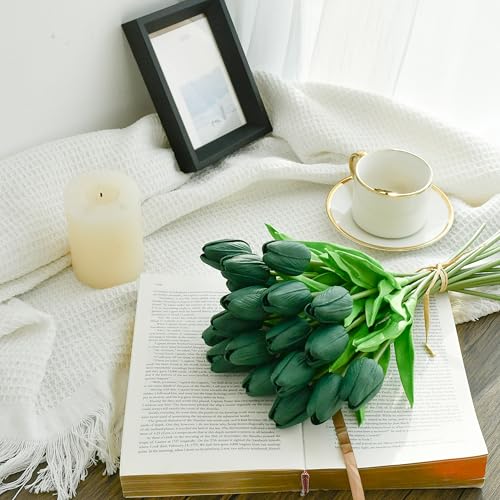 Mandy's Dark Green Artificial Tulips Flowers Centerpiece, 13.5" Lifelike PU Fake Floral Stems 20pcs for Kitchen Island & Dining Table, Spring Decor for Easter - color: Dark Green