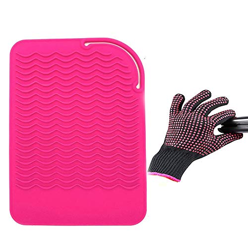 Heat Resistant Glove with Heat Resistant Mat for Curling Iron, Hair Straightener, Flat Irons, Silicone Bump Glove, 9” x 6.5” Food Grade Silicone Mat, Pink - color: Pink G