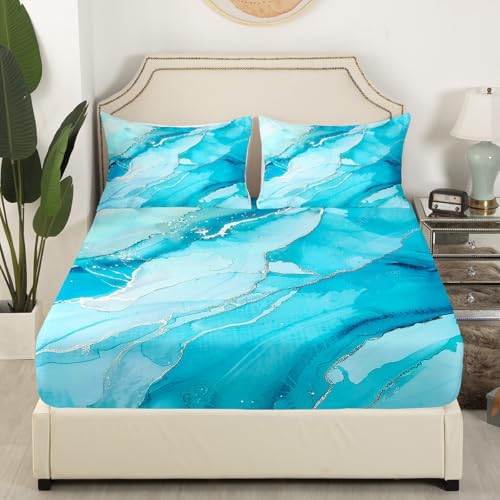 Feelyou Modern Marble Aesthetic Bed Sheets Set Twin Size Blue Marble Sheet Set Retro Watercolor Artwork Design Sheets with Deep Pocket Fitted Sheet Abstract Marble Texture Printed Bedding Set - color: Blue, size: Twin