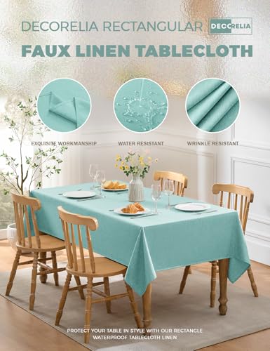 Decorelia Waterproof Faux Linen Rectangle Tablecloth, Spillproof Wrinkle Free Outdoor Reusable Table Cloth for Holiday, Banquet, Party, Buffet Dinner (Oblong,60 x 120 Inch (10-12 Seats), Aqua) - color: Aqua, size: 120" x 60" (Rectangular)