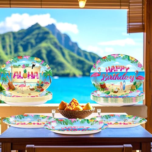 50Pcs Hawaiian Luau Oval Paper Plates 10" x 12" Large Disposable Heavy Duty Tropical Flamingo Party Platters Summer Aloha Dessert Plates for Holiday Beach Birthday Dinner Party Decorations Supplies - style: 50Pcs Beach Luau Oval Paper Plates