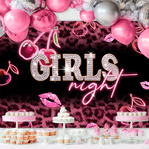 Girls Night Pink Backdrop 7Wx5H Feet Fabric Polyester Leopard Print Cherry Lips Birthday Vintage Cheetah Fashion Cute Glitter Woman Girly Photography Background Banner Photo Shoot Decor Prop - color: A-01leopard cherry pink, size: 7Wx5H