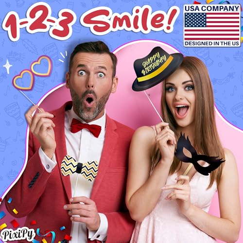 Premium Birthday Photo Booth Props Kit - 54 pc, Multicolored - Happy Birthday Party Fun Photobooth Selfie Accessories - for Adults & Kids - Funny Photoshoot w/Friends - by PixiPy - color: Multicolored, size: Pack of 54