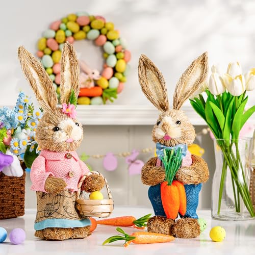 Easter Bunny Decor 13.38 in Standing Sisal Rabbit Figurine Handmade Easter Straw Mr. Bunny Statues Spring Straw Bunny Cute Photo Props Gifts for Farmhouse Spring Home Porch Decor Easter Table Decor