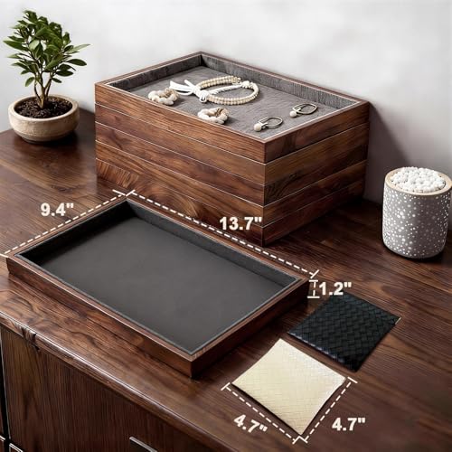 Large Solid Wood Jewelry Watch Tray, Velvet Jewelry Board Display Trays for Key Wallet Ring,Stackable Wooden Jewelry Drawer Organizer Showcase Jewelry Holder(Grey) - color: Gray