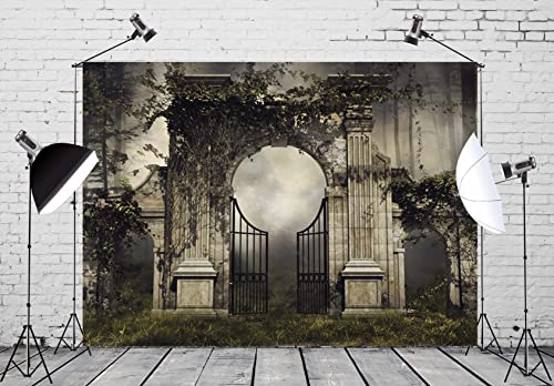 Gothic Backdrop Fabric 15x10ft Vintage Stone Garden Gates Backdrops Ivy Arch Dark Forest Photography Background Birthday Party Decorations Outdoor Wedding Banner Portrait Photo Booth Props - size: 15x10FT