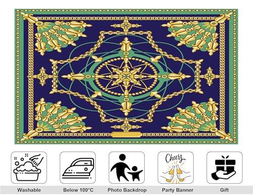 5x3ft Vintage Baroque Ornament Backdrop Green Blue Pattern Photography Background for Fiesta Party and Art Display Wall Decorations Tapestry Photo Booth Props - size: 5x3ft