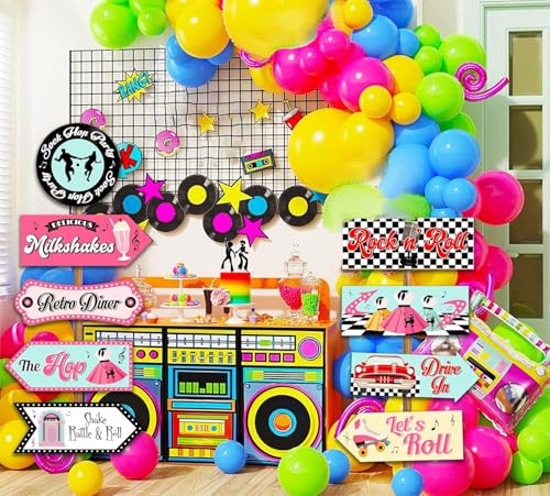JeVenis 50s Sock Hop Photo Booth Props 50s Theme Party Decors 1950s Decorations Colorful Retro Home Sign Cutouts Decoration