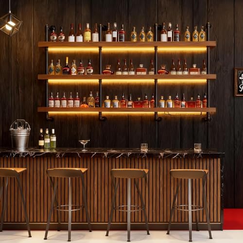 62.9in Large Wine Rack with LED Light Solid Wood Wall Mounted Wine Rack, 3-Tiers Liquor Bottles Floating Shelves Display Storage Organizer for Home Bar & Dining Room (160cm/62.9in) - size: 62.9 inches