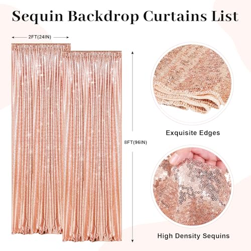 PartyDelight Rose Gold Sequin Backdrop Curtains 2x8ft 2 Panels - High Density 3mm Shimmer Sequin Background Sparkly Photography Drapes for Bridal Showers, Anniversaries, Elegant Weddings & Event Decor - color: Rose Gold, size: 24"W x 96"L (Pack of 2)