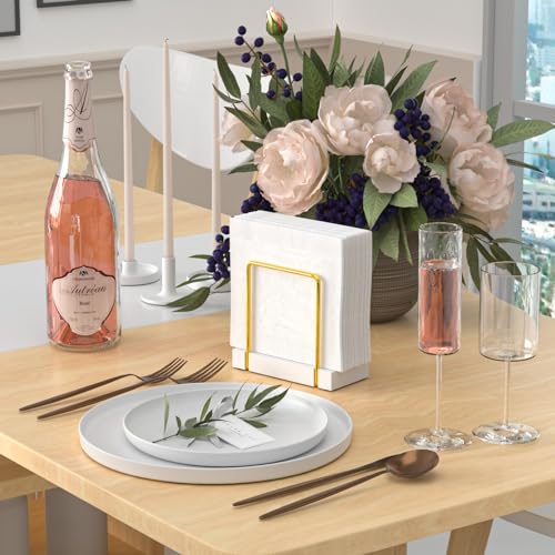 Napkin Holder for Table, Bamboo Iron Standing Napkin Dispenser for Dining Table Farmhouse Cocktail Picnic Rustic Wood Holders All Kitchen Dining Room Decor Gold & White - color: Gold/White, size: 5.78*2.51*5.04 inch