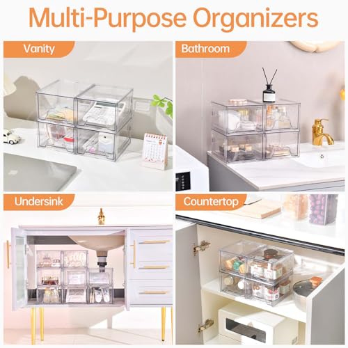 Stebopum 4 Pack Stackable Makeup Organizer, 4.4'' Tall Acrylic Bathroom Makeup Organizer and Storage Drawer with Pull-out Handle, Clear Plastic Storage Bins for Vanity,Pantry,Desk,Undersink,Kitchen - style: 4pack Small