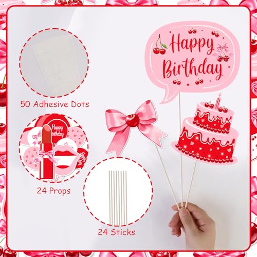 24 Pcs Pink Cherry Photo Booth Props Set, Cherry Happy Birthday Photography Posing Selfie Props with Sticks, Summer Fruit Theme Photo Shoot for Bday Baby Shower Party Supplies