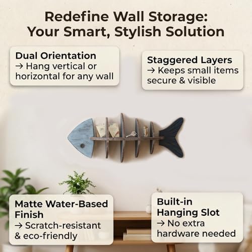 Wooden Fishbone Wall Decor, Floating Shelf, Nautical Coastal Wall Mounted Organizer, Driftwood Fish Display Shelf for Bedroom, Bathroom, Living Room, Lake House, Housewarming, Birthday Gift for Lovers