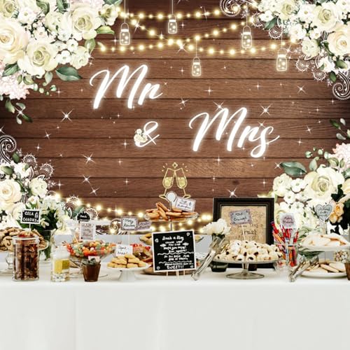 5x3ft Mr and Mrs Floral Backdrop for Bridal Shower White Flowers Photography Background Couple Wedding Party Decorations Bride Engagement Banner Props - color: White, size: 5x3ft