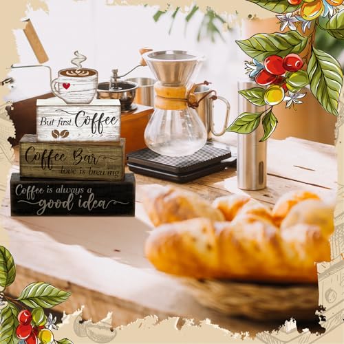 Moucuny 4 Pcs Wooden Coffee Bar Tabletop Decor Coffee Tiered Tray Decor Rustic Wood Bar Sign Gift Farmhouse Table Centerpiece Farmhouse Decorations for Home Kitchen - style: Coffee Bar