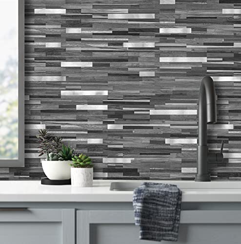 AULIGET Peel and Stick Backsplash, PVC Mixed Metal Stick on Bathroom Backsplash (2, Black & Grey Wood Look) - color: Black Grey Wood + Metal Silver, size: 2 Sheets, 6"x12"x0.12"