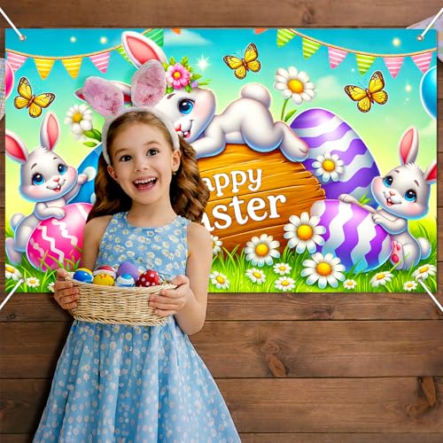 BlissYard Happy Easter Banner 71x43 Inch Cute Bunny Egg Spring Party Backdrop Kids Easter Decorations for Egg Hunt Classroom Yard Porch Garden Holiday Celebration Display Decor - color: Easter Bunny#4