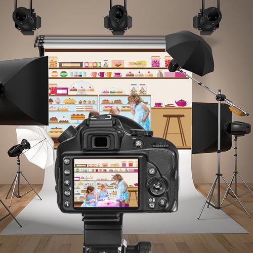 5x3ft Bakery Cafe Goods Shelf Backdrop Birthday Cake Lollipop Jelly Bean Cupcake Cartoon Sweets Shop Photography Background Bakery Shop Birthday Party for Girls Boys Portrait Photo Prop - size: 5x3ft