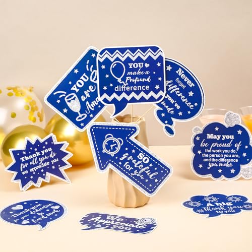 24 Pcs Teacher Staff Volunteer We Appreciate You Decorations Photo Booth Props Appreciation Decor Blue and Silver Thank You Sign Photo Props for Teacher Nurse Employee Coworker Appreciation - color: Blue, Silver