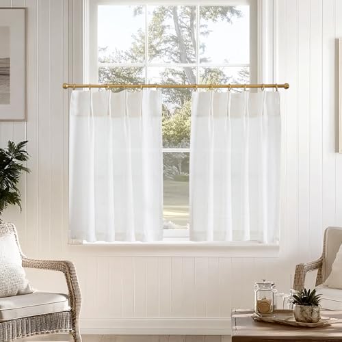 jinchan Linen Pinch Pleated Kitchen Curtains 24 Inch 2 Panels, Natural Linen Tier Curtains Back Tab Beige Farmhouse Cafe, Light Filtering Small Window Drapes for Bathroom Laundry Room Off White - color: Pinch Pleated White, size: 26"W x 24"L (Pack of 2)